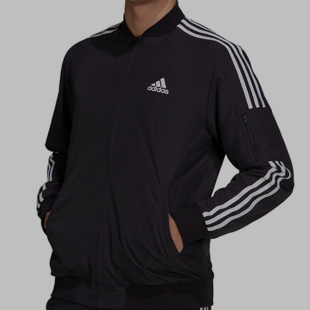 adidas Men's Black Bomber Light Weight Wind Jacket White Stripes Size Medium